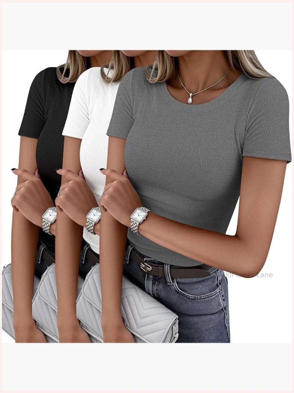 Lightweight Ribbed Knit Crew Neck T-Shirt Short Sleeve Basic Top Blouse